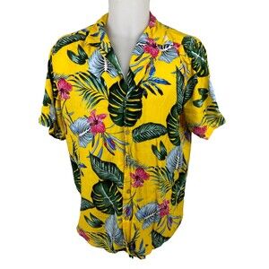 Alex Vando Men XL Hawaiian Shirt Yellow Floral Tropical Casual Beach